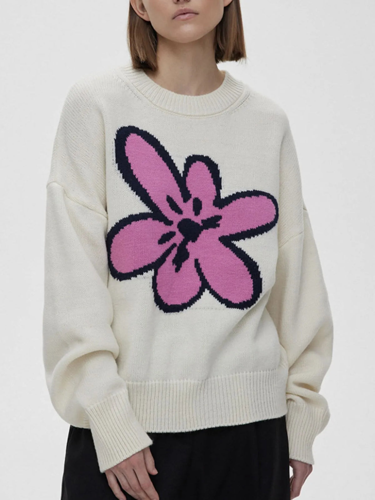 Flower Ribbed Hem Round Neck Sweater Pink One Size OutfitFlow