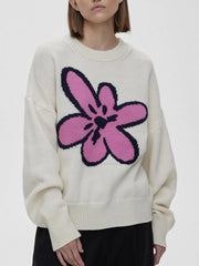 Flower Ribbed Hem Round Neck Sweater Pink One Size OutfitFlow