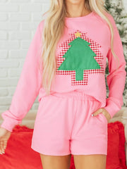 Plaid Contrasted Double Christmas Tree Patched Raglan Sleeve Pullover 2pcs Short Set OutfitFlow