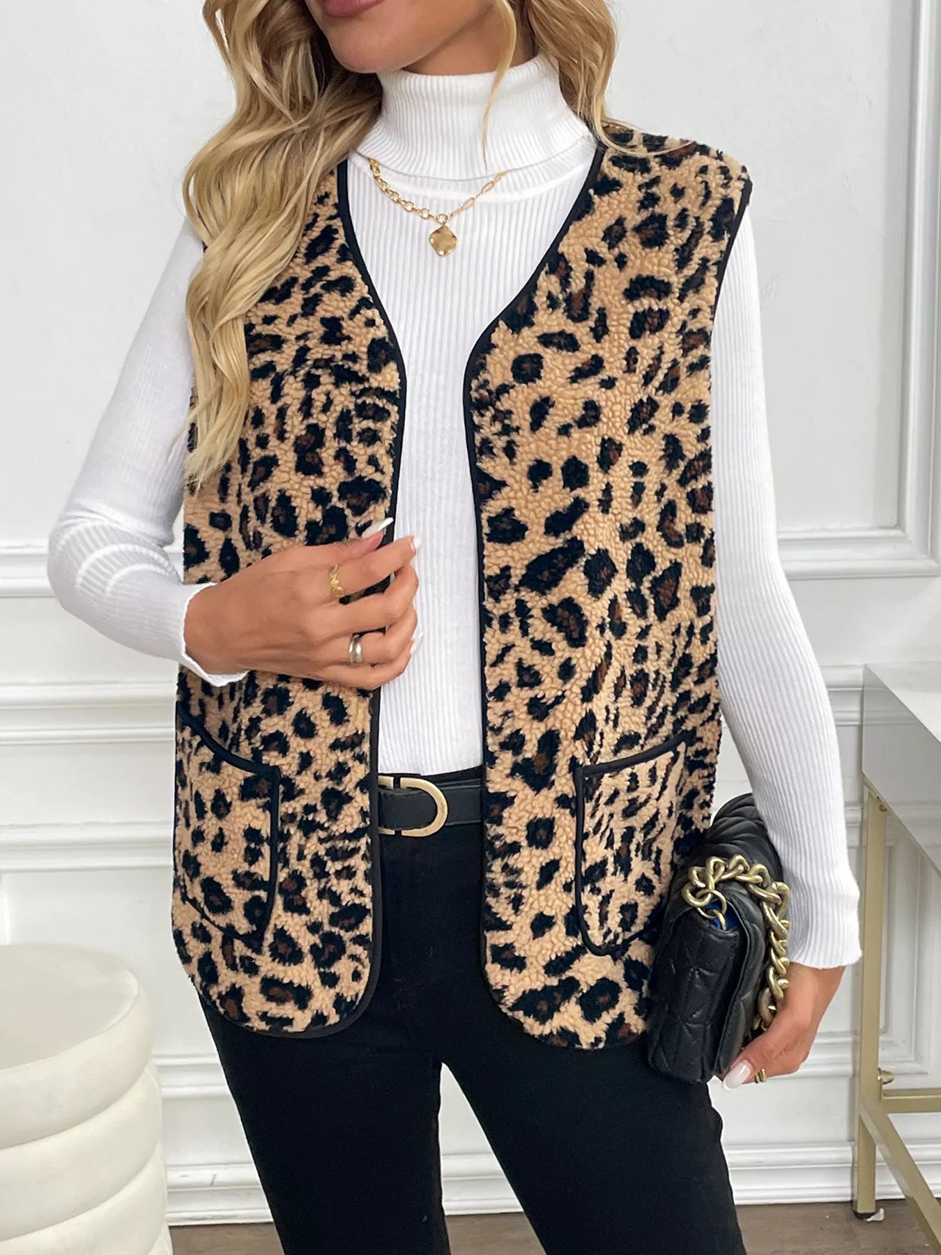 Leopard Fleece Vest Coat with Pockets Trendsi