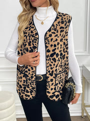 Leopard Fleece Vest Coat with Pockets Trendsi