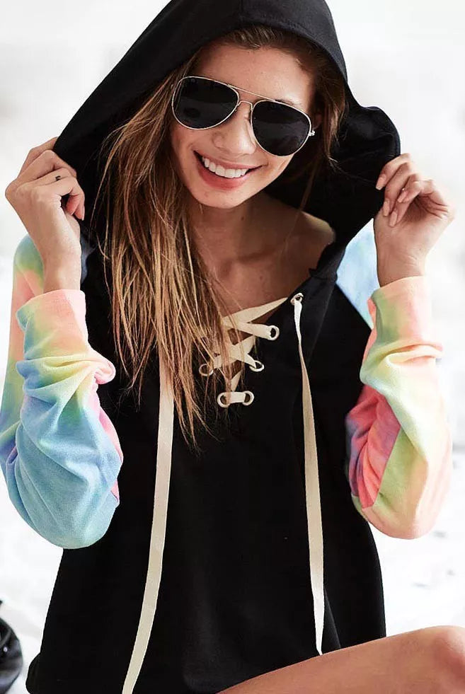 BiBi French Terry Lace Up Hoodie With Tie Dye Sleeves Trendsi