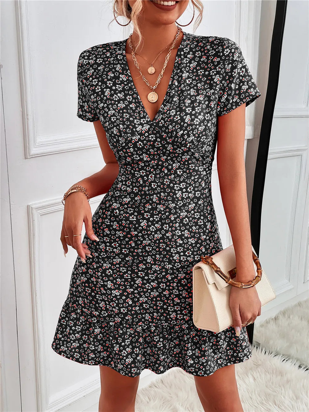 Printed Ruffled Hem V-Neck Short Sleeve Mini Dress OutfitFlow