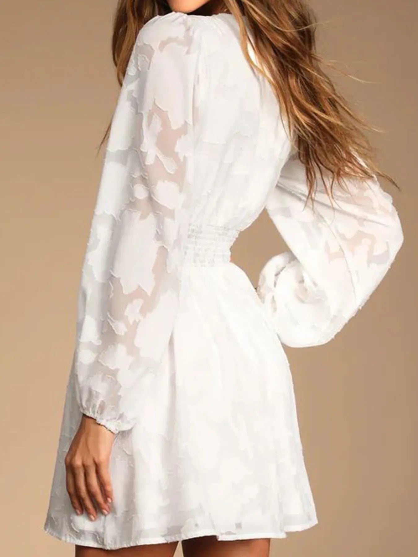 Smocked V-Neck Balloon Sleeve Dress OutfitFlow