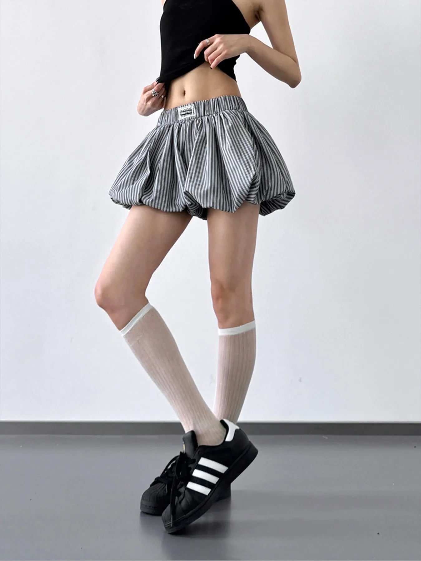 Striped Bubble Hem Casual Shorts OutfitFlow