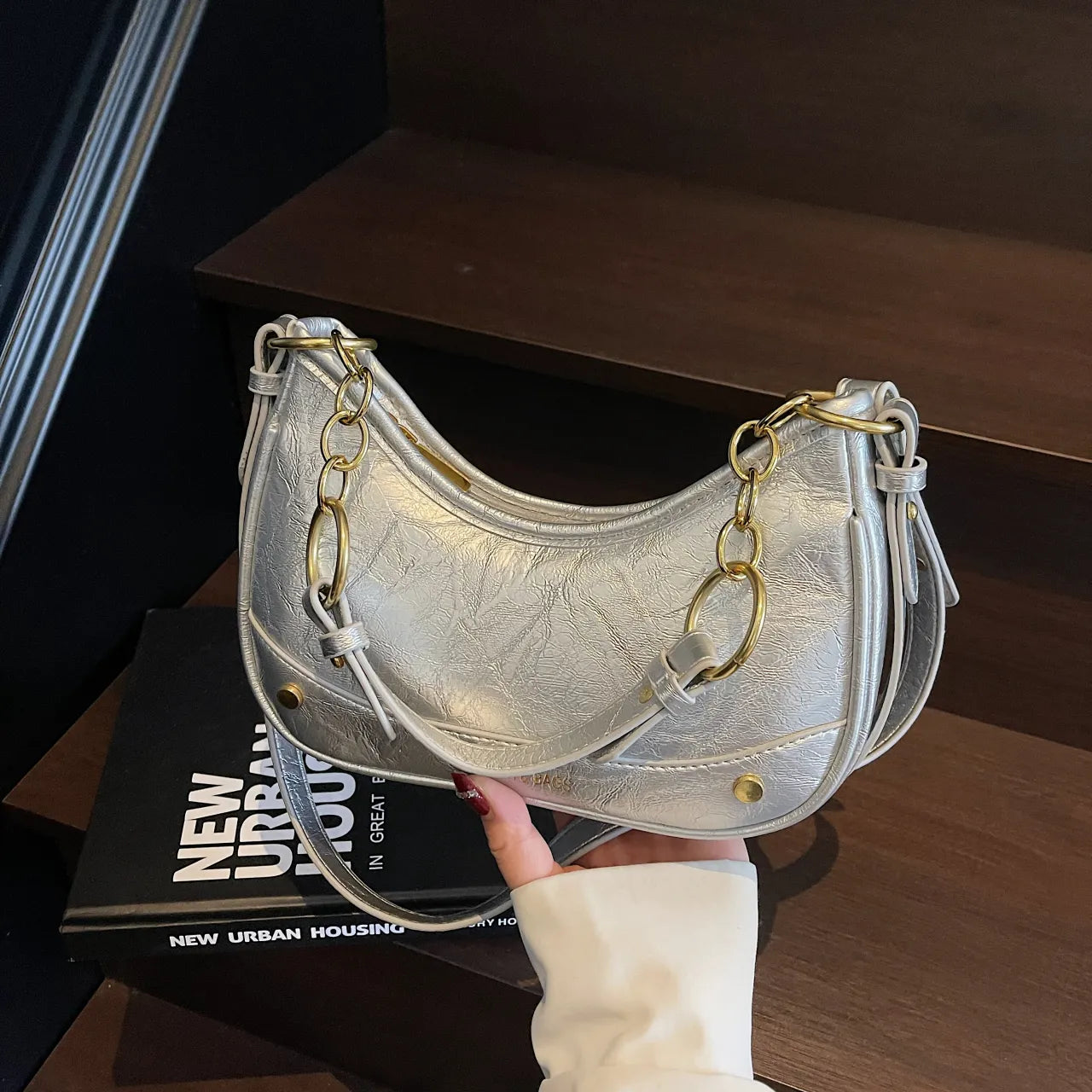Leather Crescent Shoulder Bag Silver onesize OutfitFlow