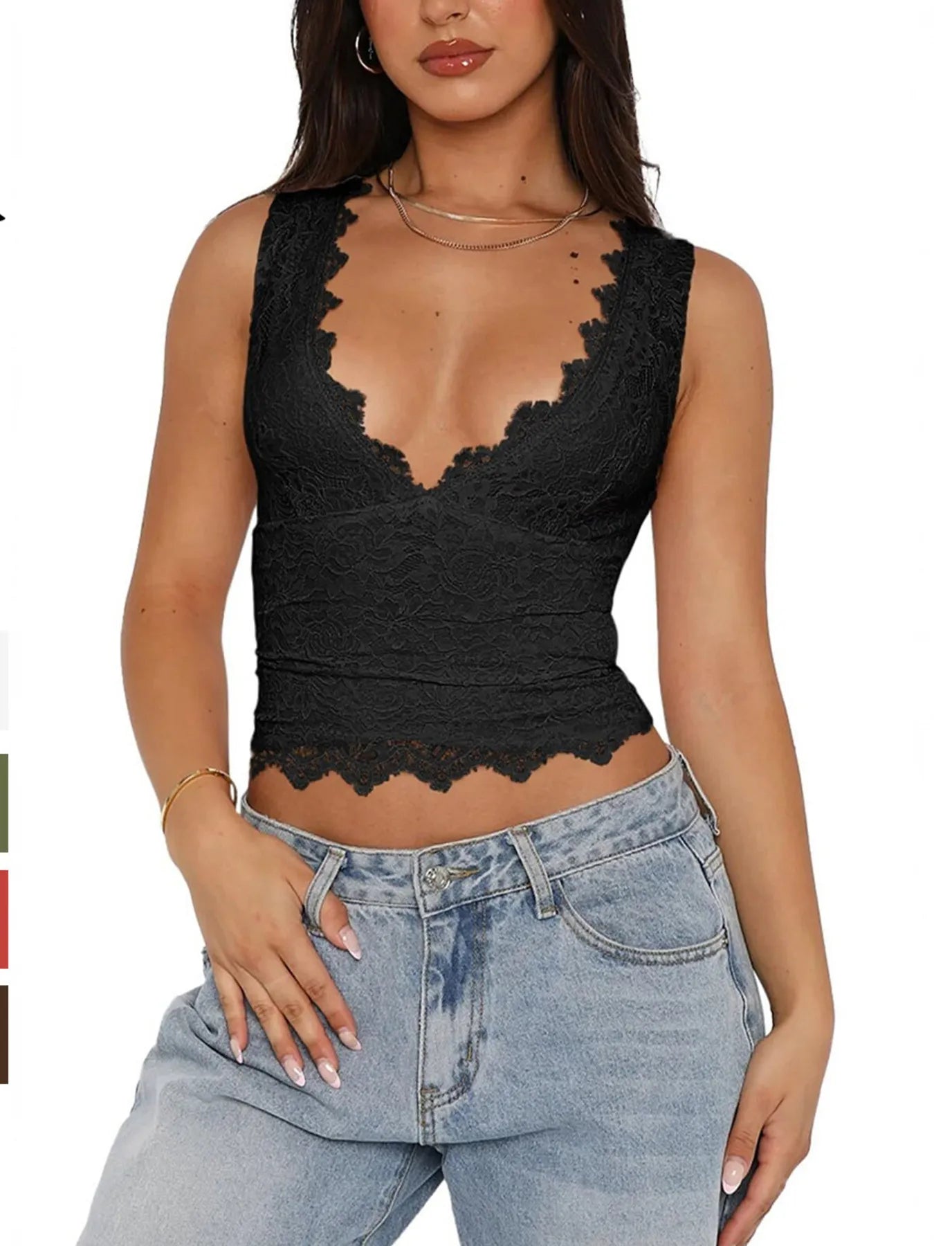 Lace V-Neck Cami Top with Scalloped Hem Black OutfitFlow