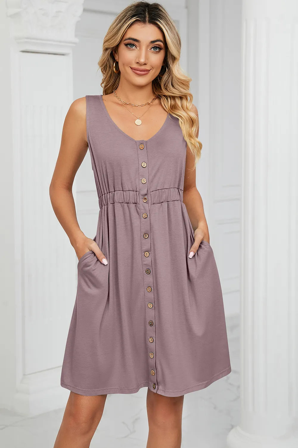 Buttoned Wide Strap Mini Dress OutfitFlow