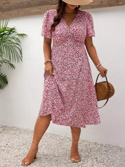 Plus Size Printed V-Neck Short Sleeve Midi Dress OutfitFlow