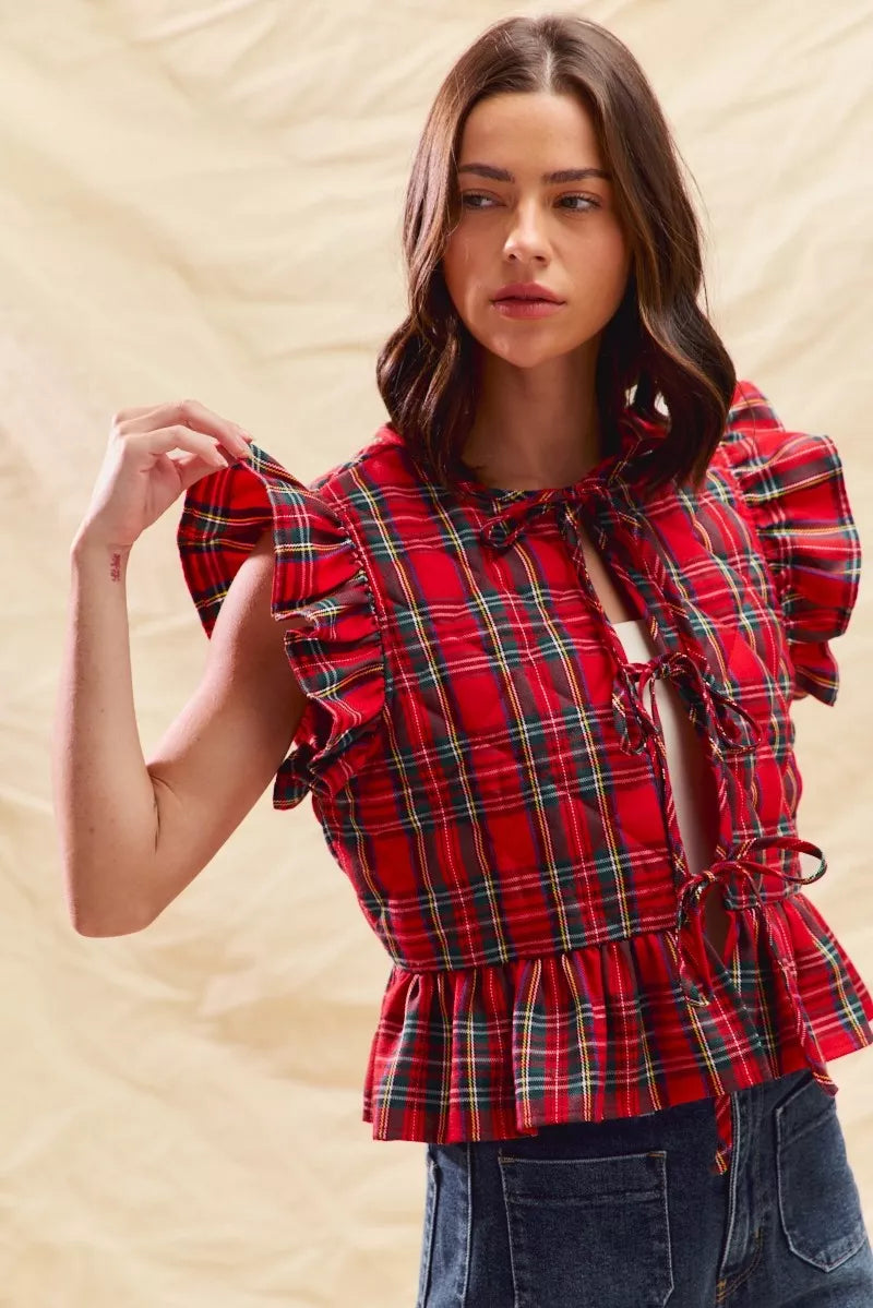 SO ME Christmas Holiday Plaid Ruffled Quilt Vest Top Trendsi