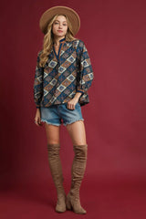 Umgee Abstract Print Ruffle Neck Top OutfitFlow
