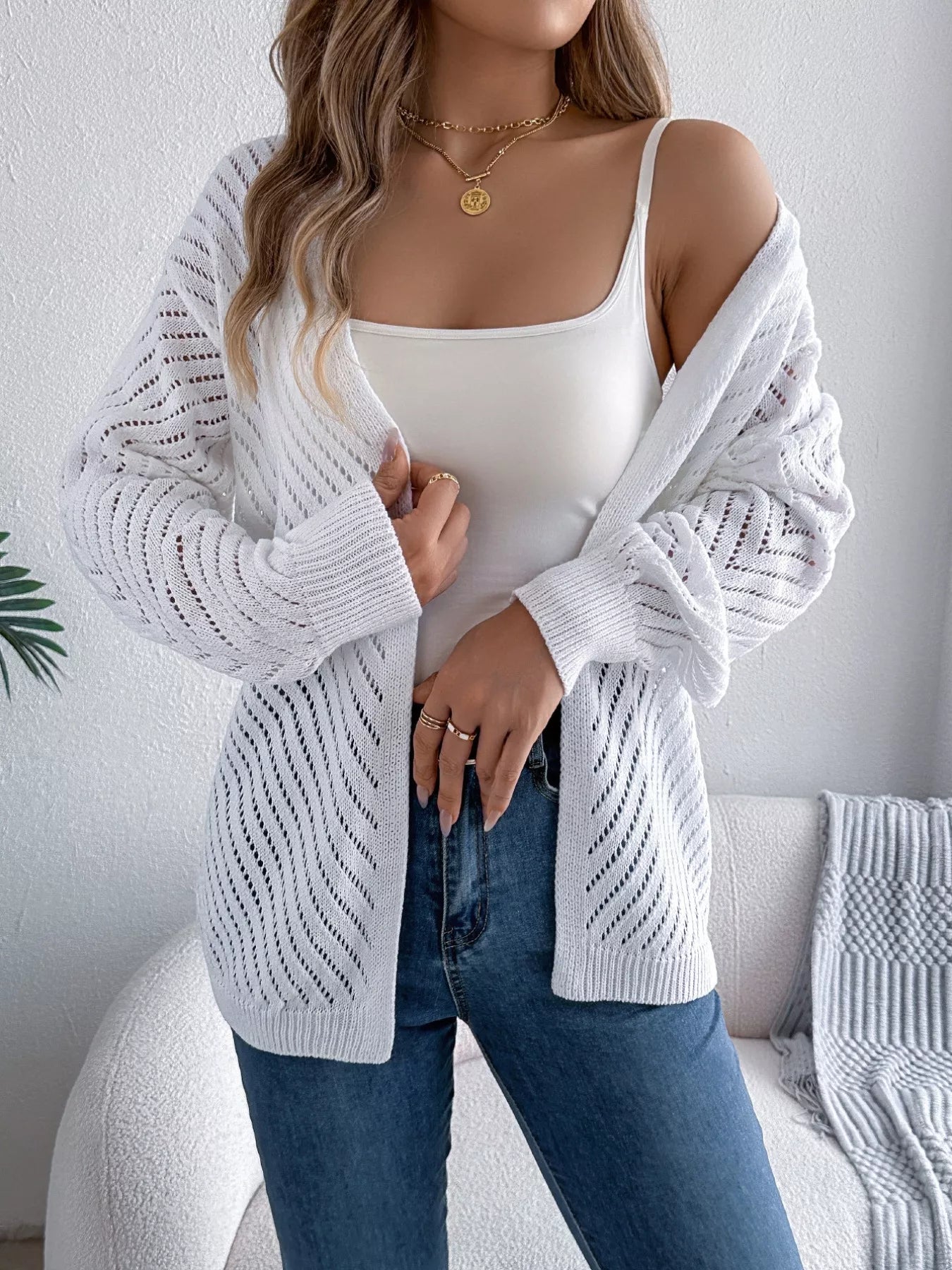 Openwork Open-Front Long Sleeve Cardigan OutfitFlow