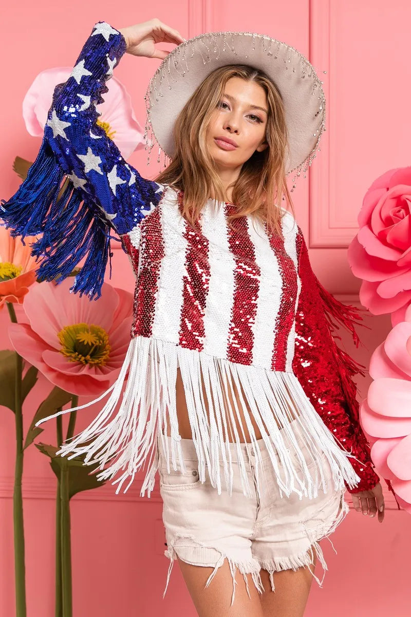 BiBi American Flag Theme Fringe Detailed Sequins Crop Top OutfitFlow