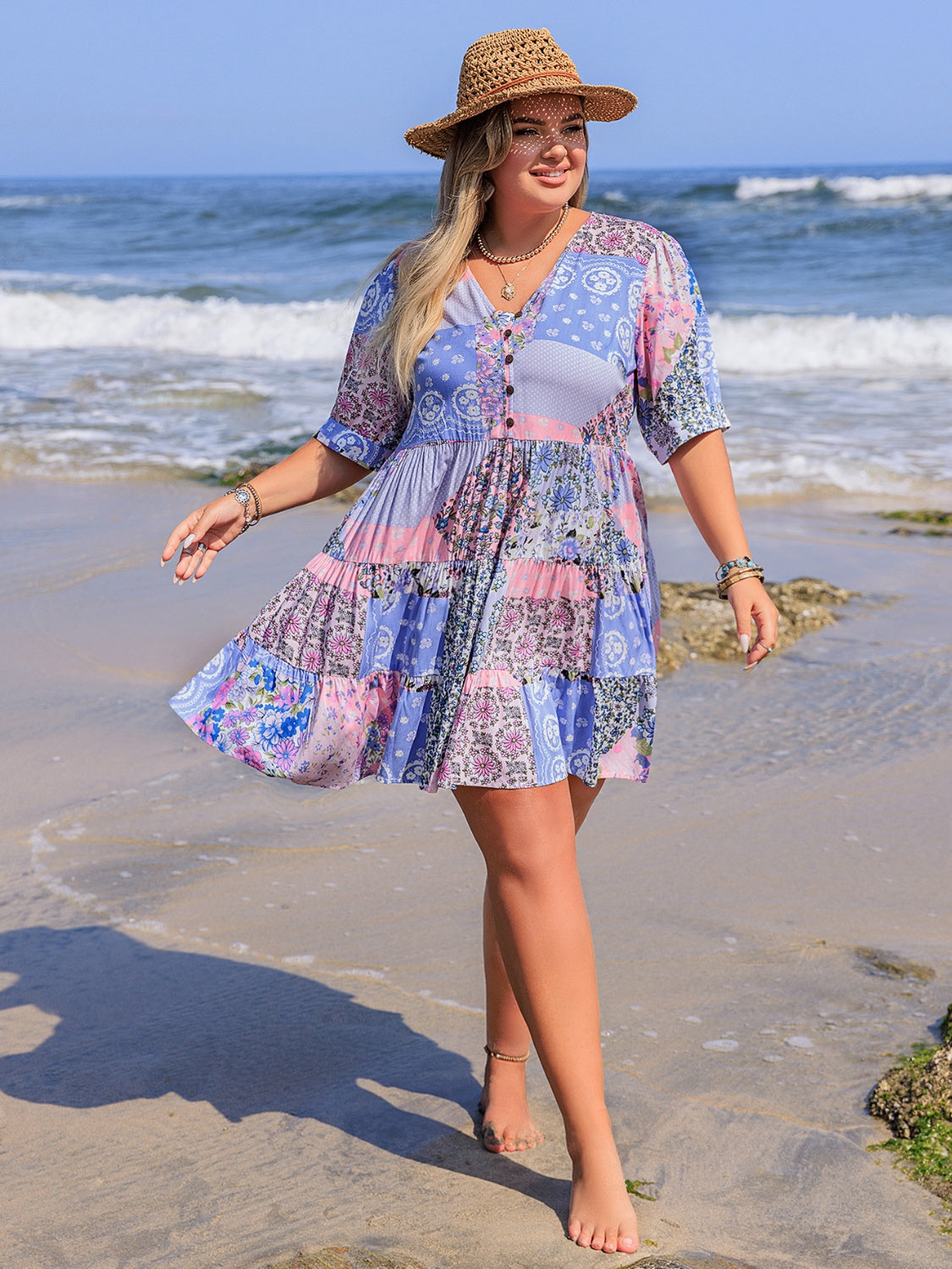 Plus Size Printed V-Neck Tiered Mini Dress OutfitFlow