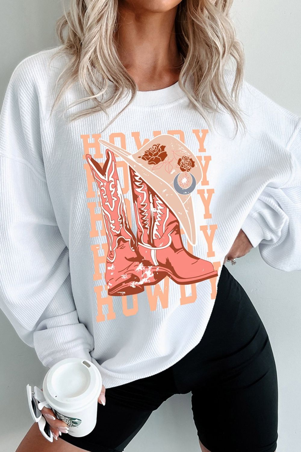 Boots Graphic Round Neck Long Sleeve Sweatshirt OutfitFlow