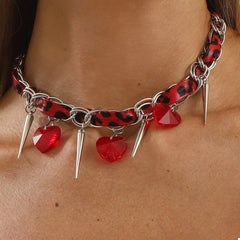 Heart Charm Choker Necklace with Metal Spikes OutfitFlow