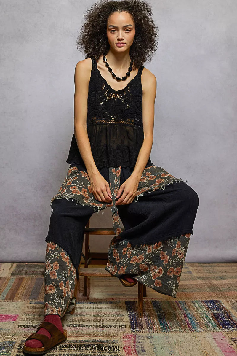 POL V-Neck Crochet Tank with Floral Embroidery Detail OutfitFlow