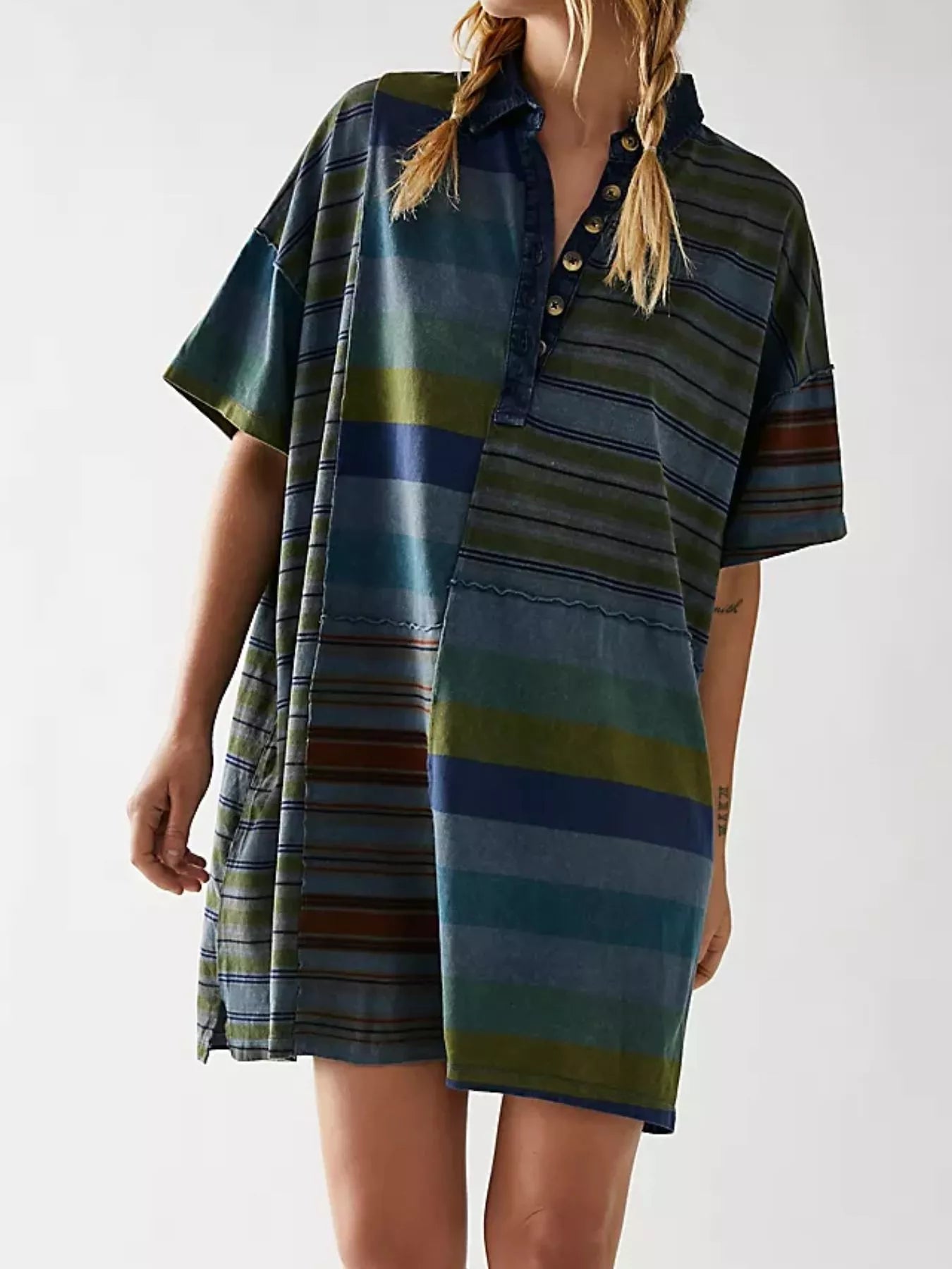 Striped Oversized Half Button Shirt Dress OutfitFlow
