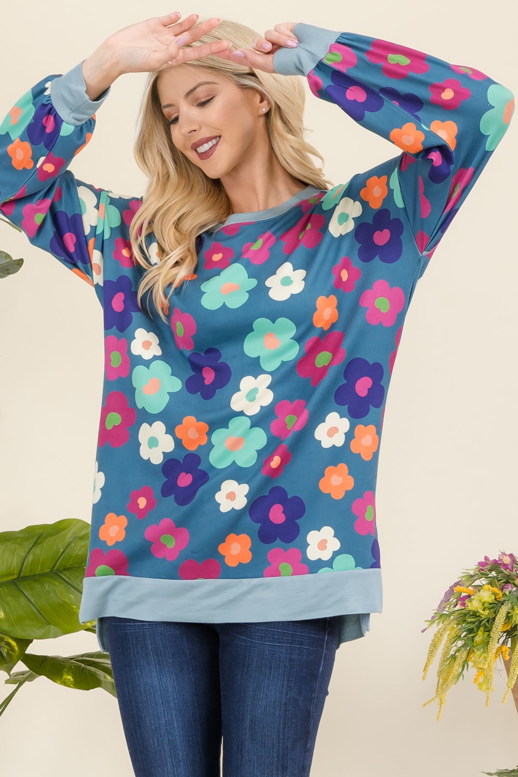 Outfit Flow - Celeste Full Size Side Slit Flower Print Long Sleeve Top