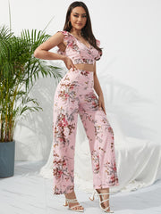 Outfit Flow - Honey Printed Surplice Cap Sleeve Top and Pants Set