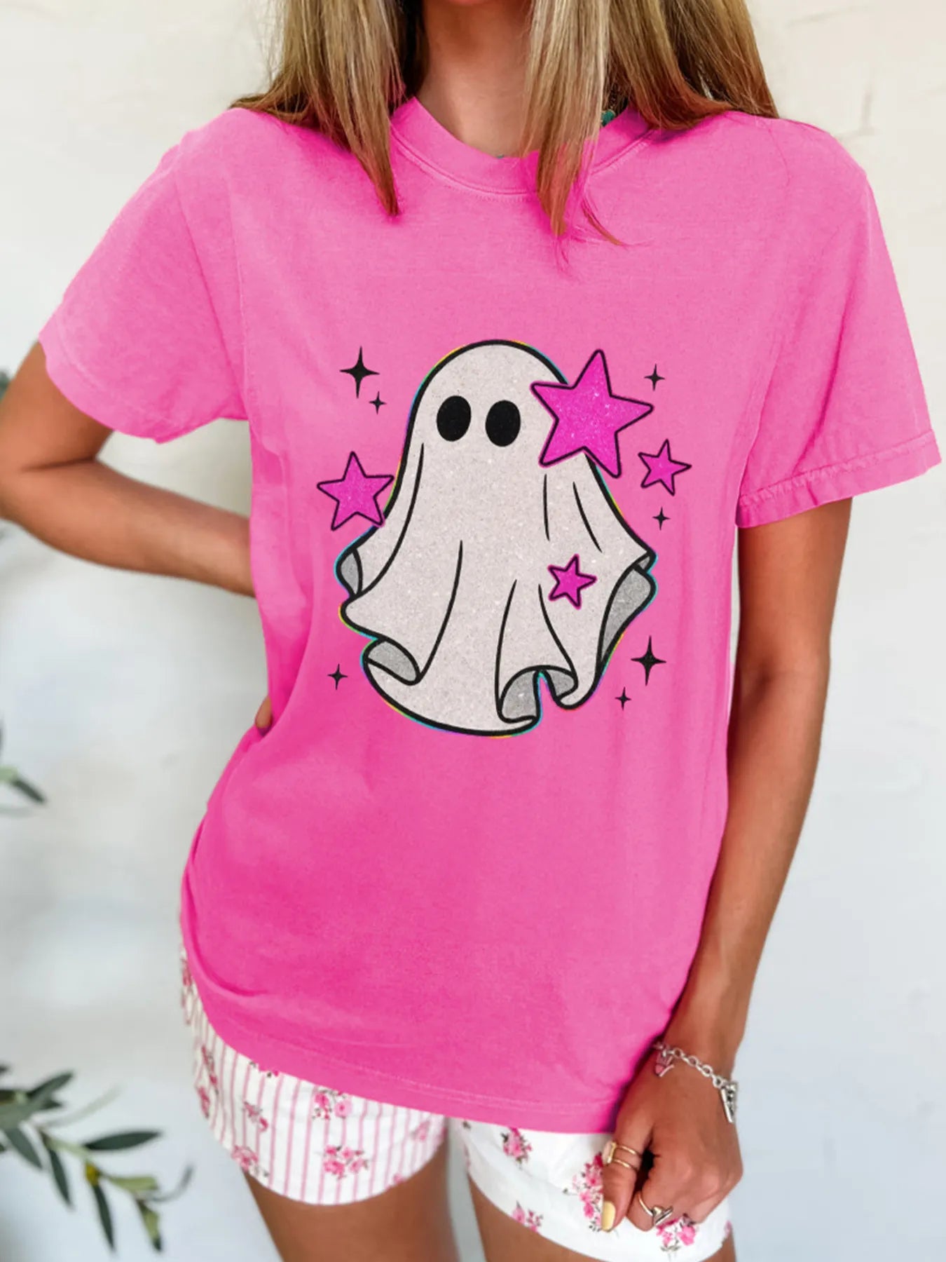 Ghost Graphic Halloween Round Neck T Shirt Hot Pink OutfitFlow