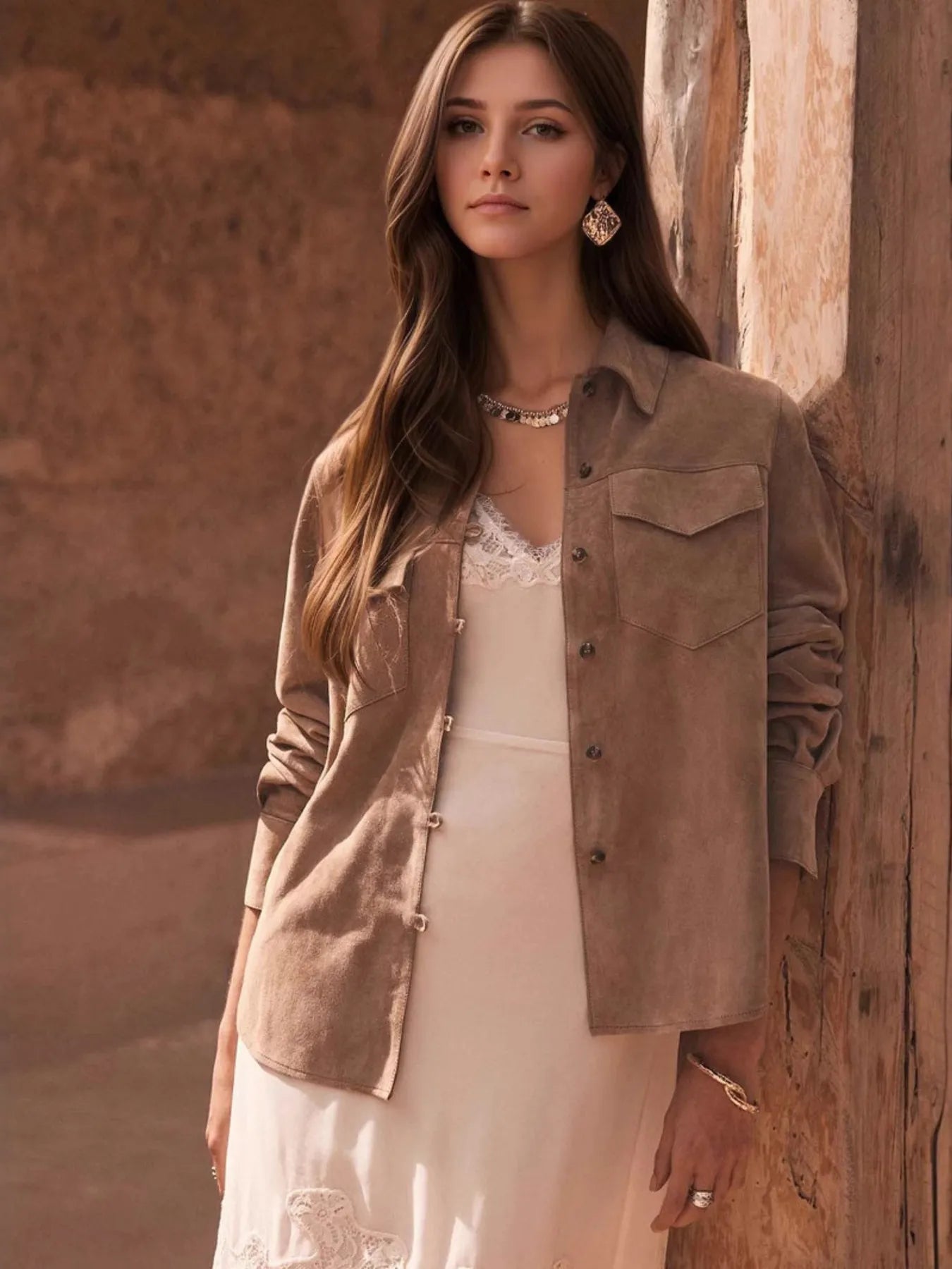 Button Front Long Sleeve Jacket OutfitFlow