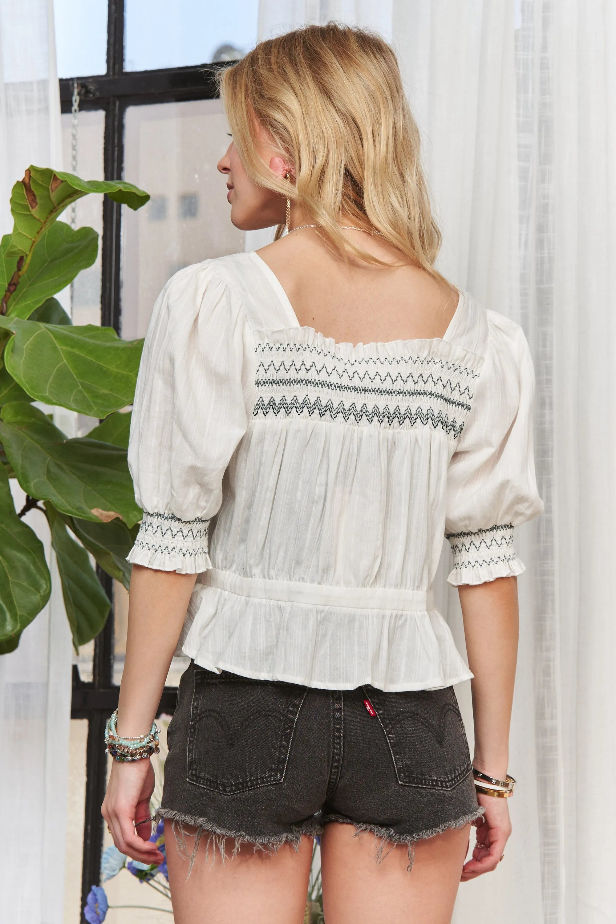 ADORA Smocked Puff Sleeve Peasant Blouse OutfitFlow