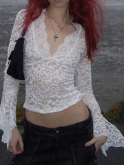 Lace Long Sleeve Deep V-Neck Blouse OutfitFlow