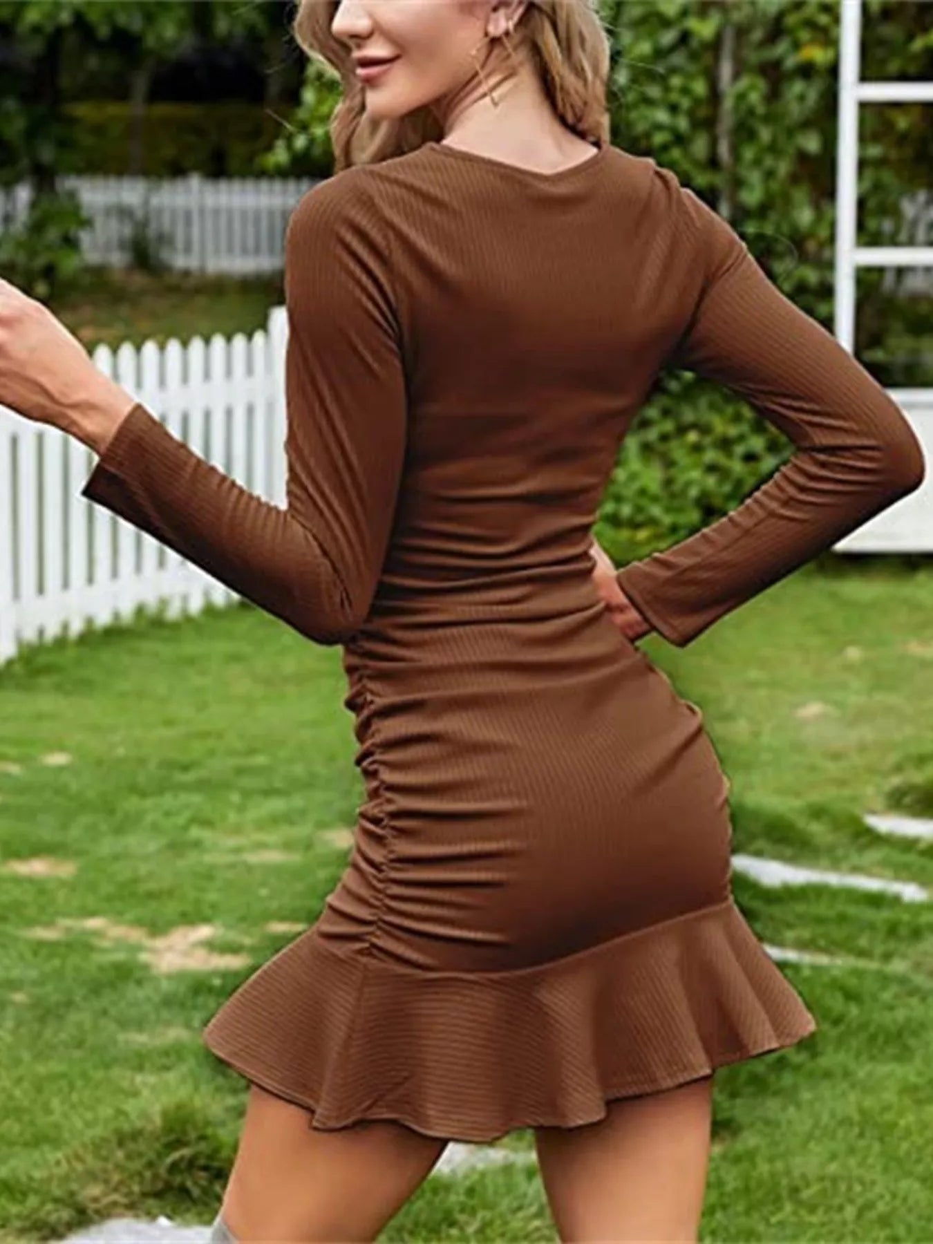 Full Size Ruffled Hem Round Neck Long Sleeve Dress Plus Size OutfitFlow