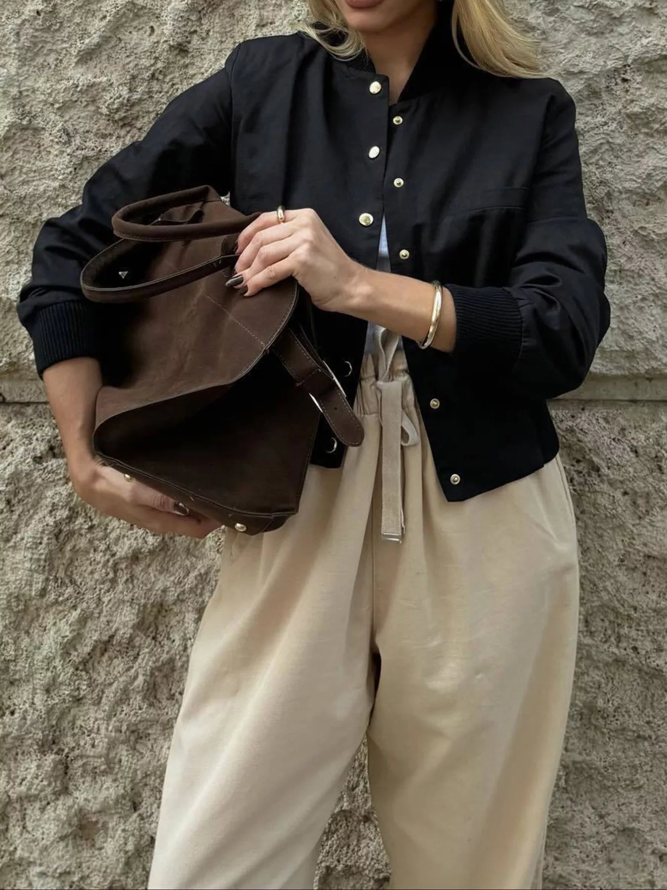 Snap Down Cropped Bomber Jacket OutfitFlow