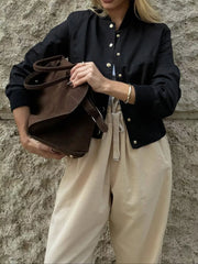 Snap Down Cropped Bomber Jacket OutfitFlow