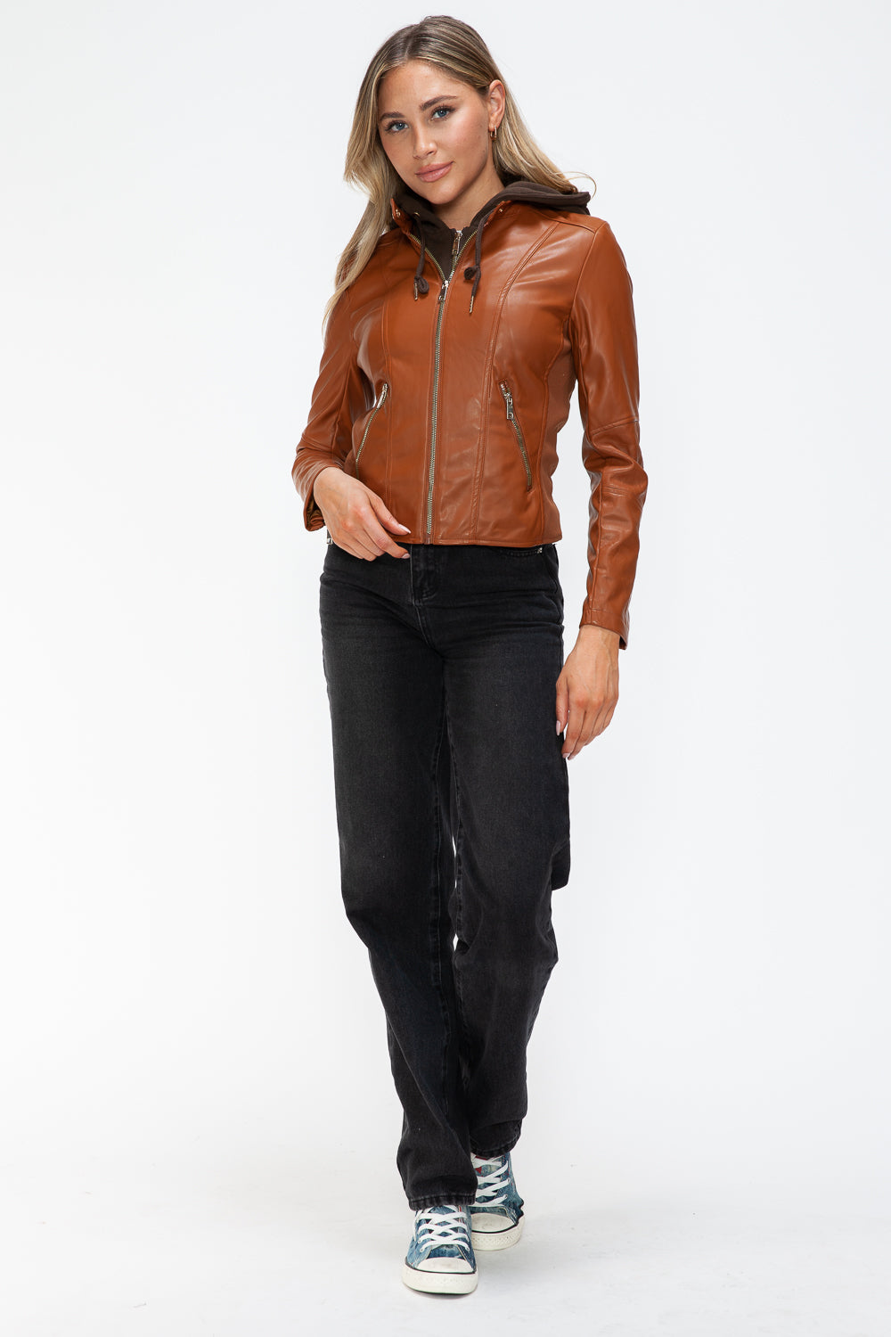 Outfit Flow - Snobbish Faux Leather Zip Up Drawstring Hooded Jacket