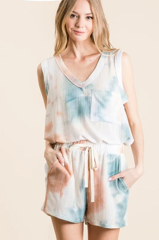 BiBi Tie Dye Textured Knit Top and Shorts Set OutfitFlow