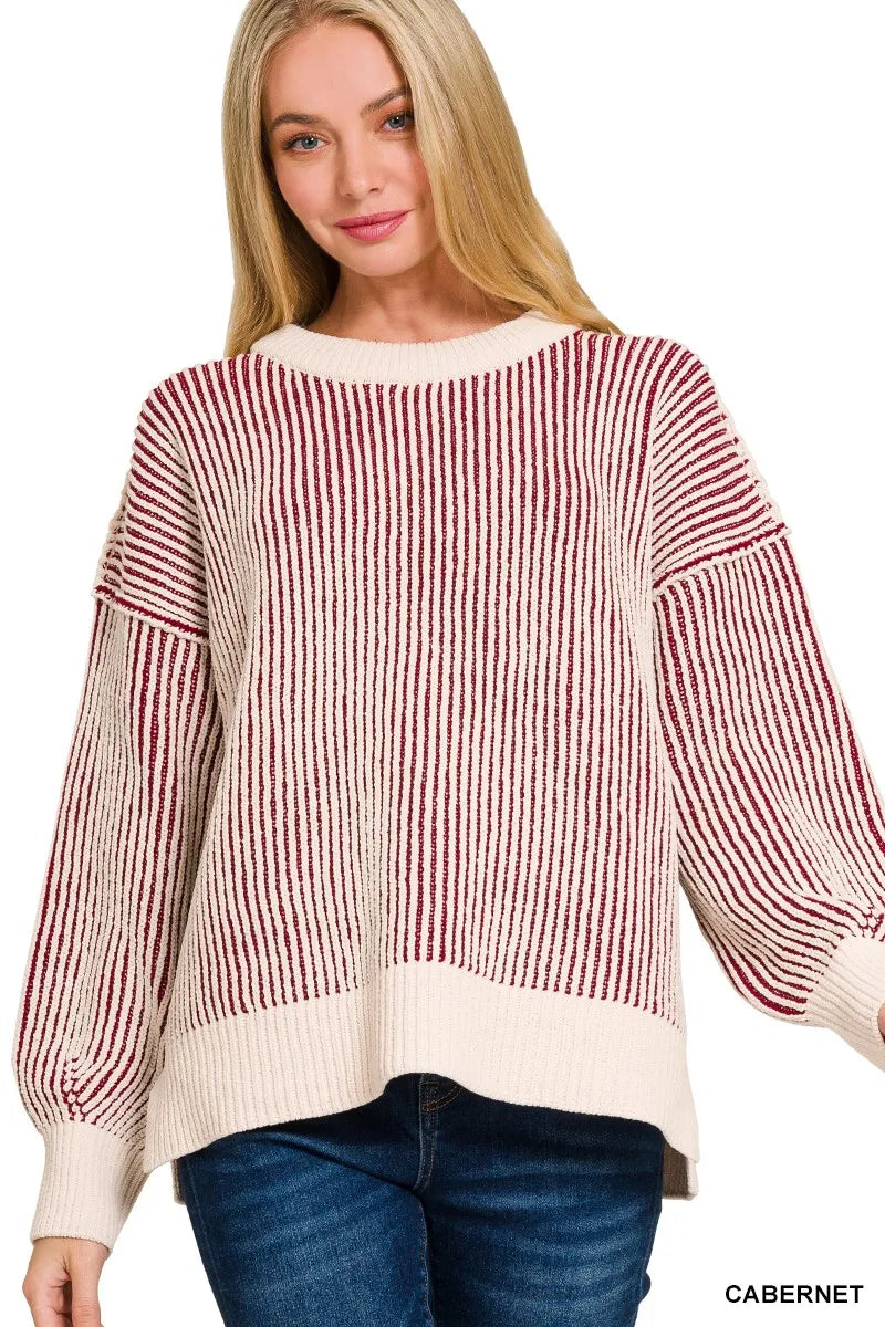 Zenana Two Tone Crewneck Sweater Trendsi