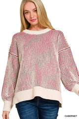 Zenana Two Tone Crewneck Sweater Trendsi