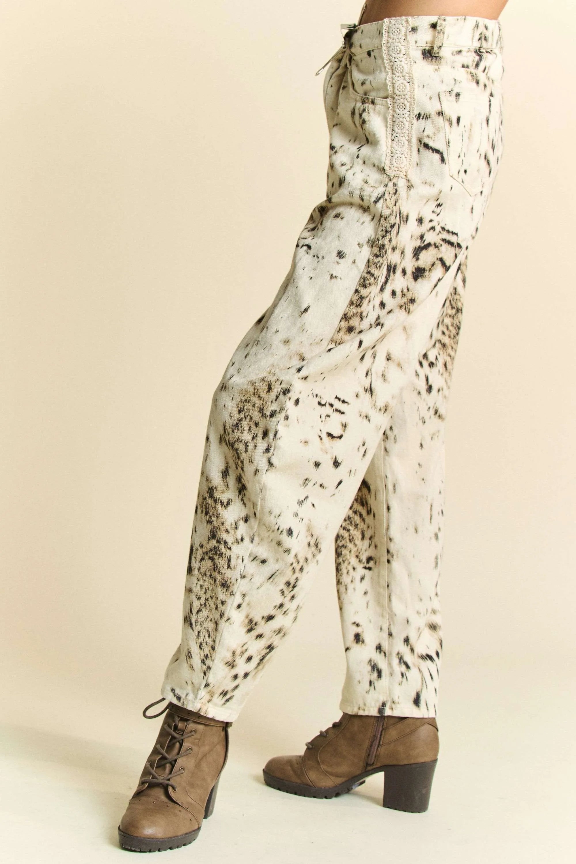 Davi & Dani Abstract Tie Dye Dot Lace Detail Barrel Pants OutfitFlow