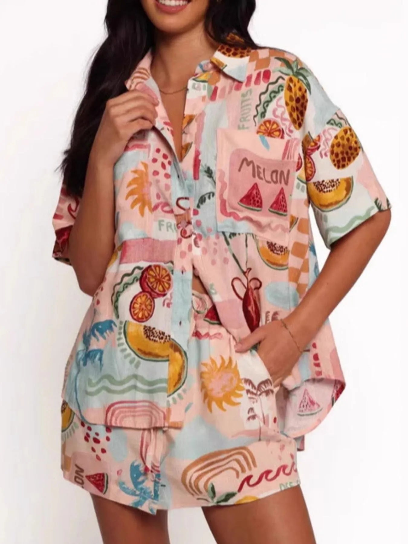 Printed Button Up Shirt and Shorts Set OutfitFlow