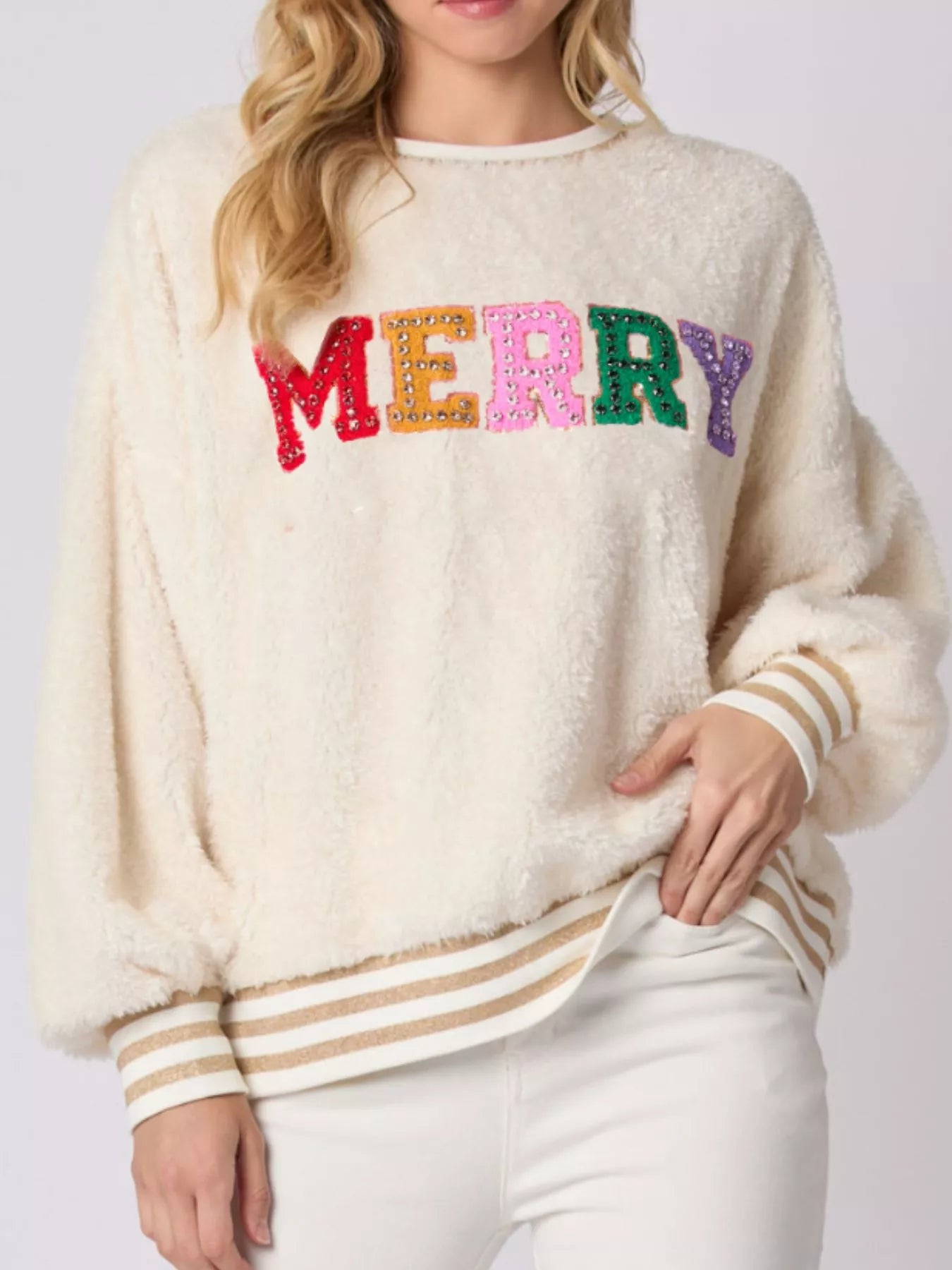 Rhinestone Merry Christmas Round Neck Sweatshirt OutfitFlow