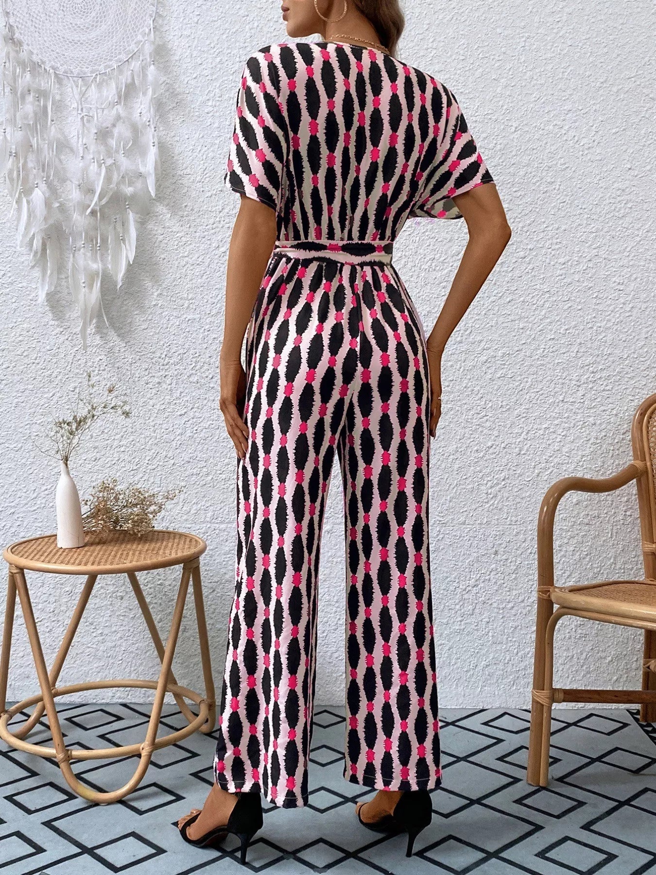 Printed Surplice Tie Waist Short Sleeve Jumpsuit OutfitFlow