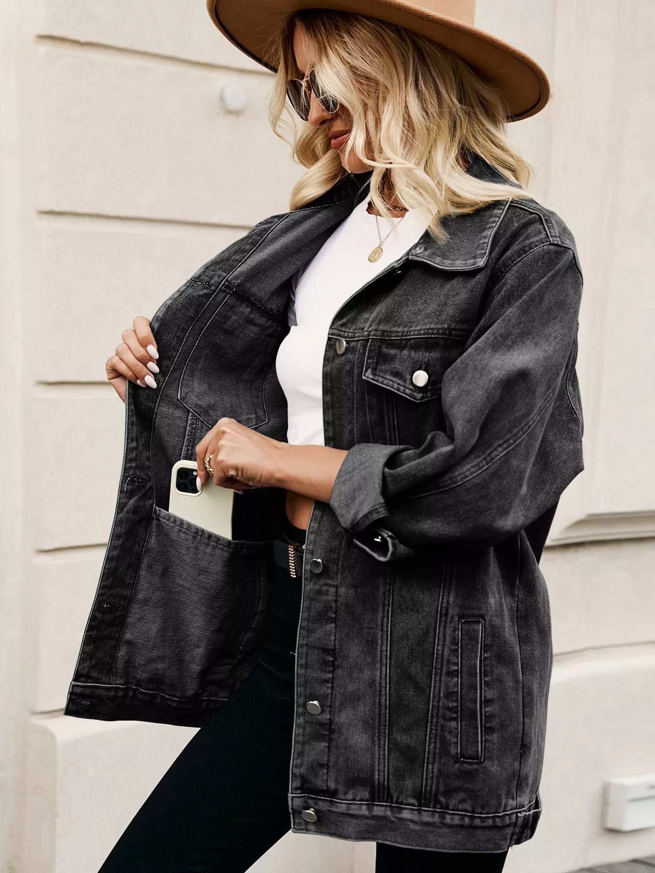 Button Up Long Sleeve Denim Jacket OutfitFlow