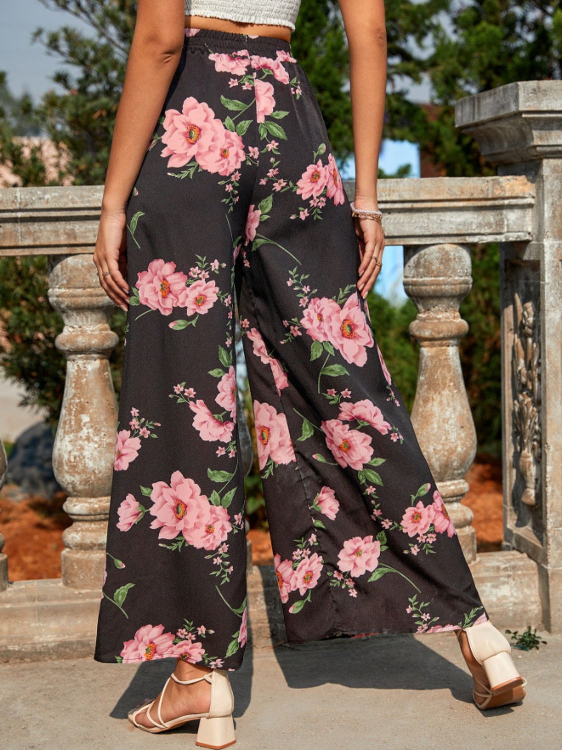 Printed Elastic Waist Wide Leg Pants OutfitFlow
