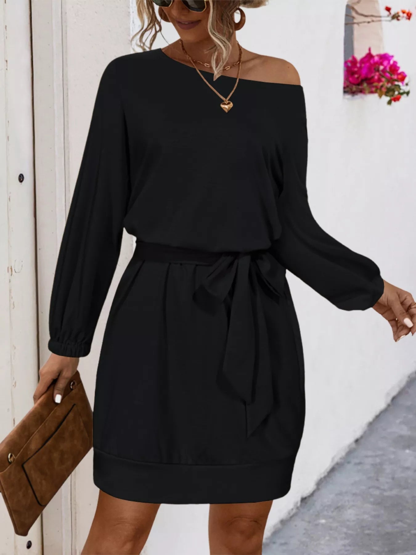 One Shoulder Tie Waist Dress Black OutfitFlow