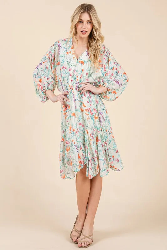 Lime 'N' Chili Floral Cinched Waist Balloon Sleeve V-Neck Dress OutfitFlow