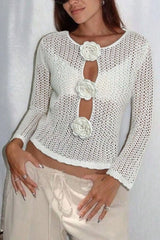 Floral Crochet Cutout Knit Cover Up with Rose Appliques OutfitFlow