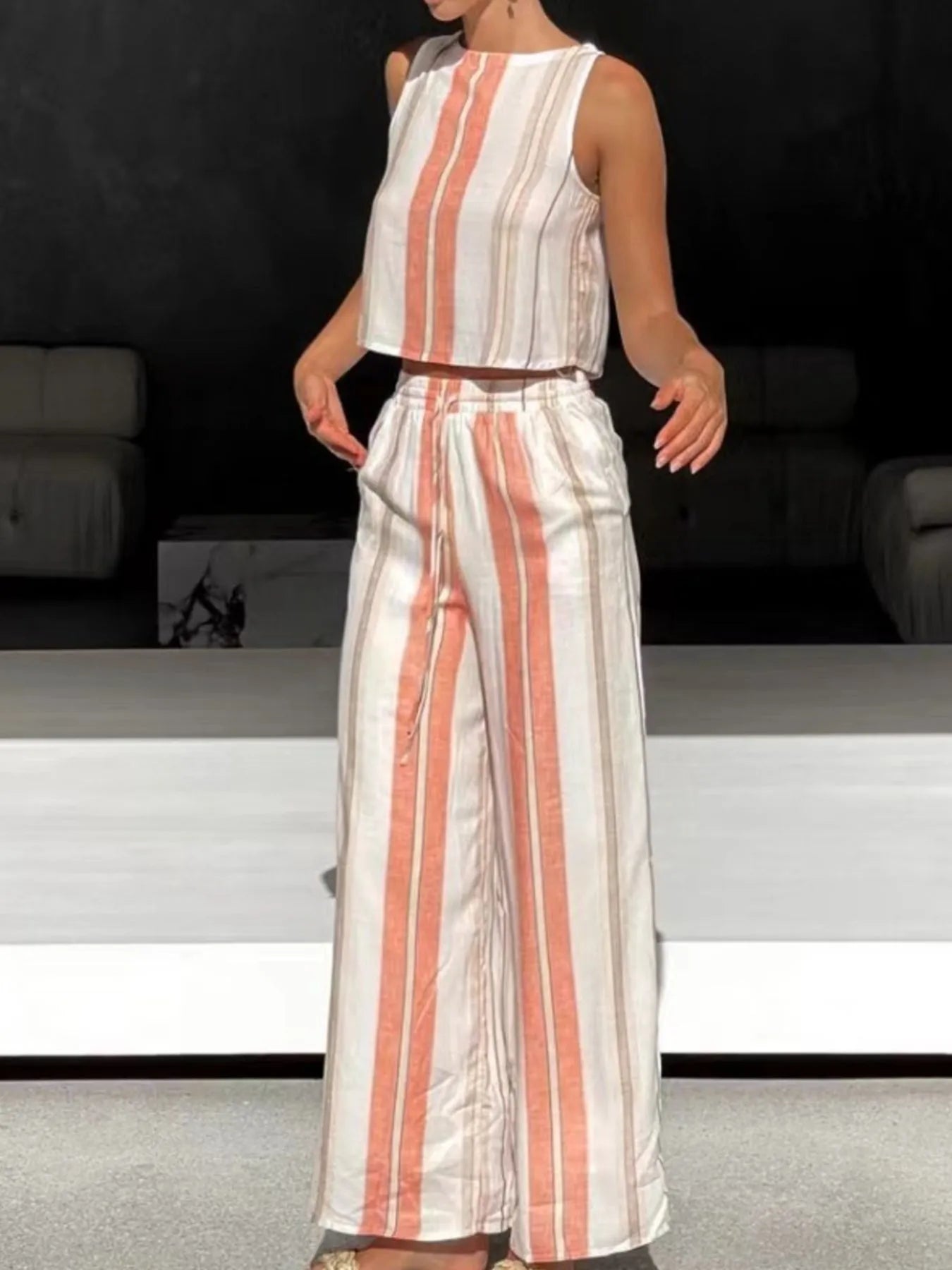 Printed Tank and Wide Leg Pants Set OutfitFlow