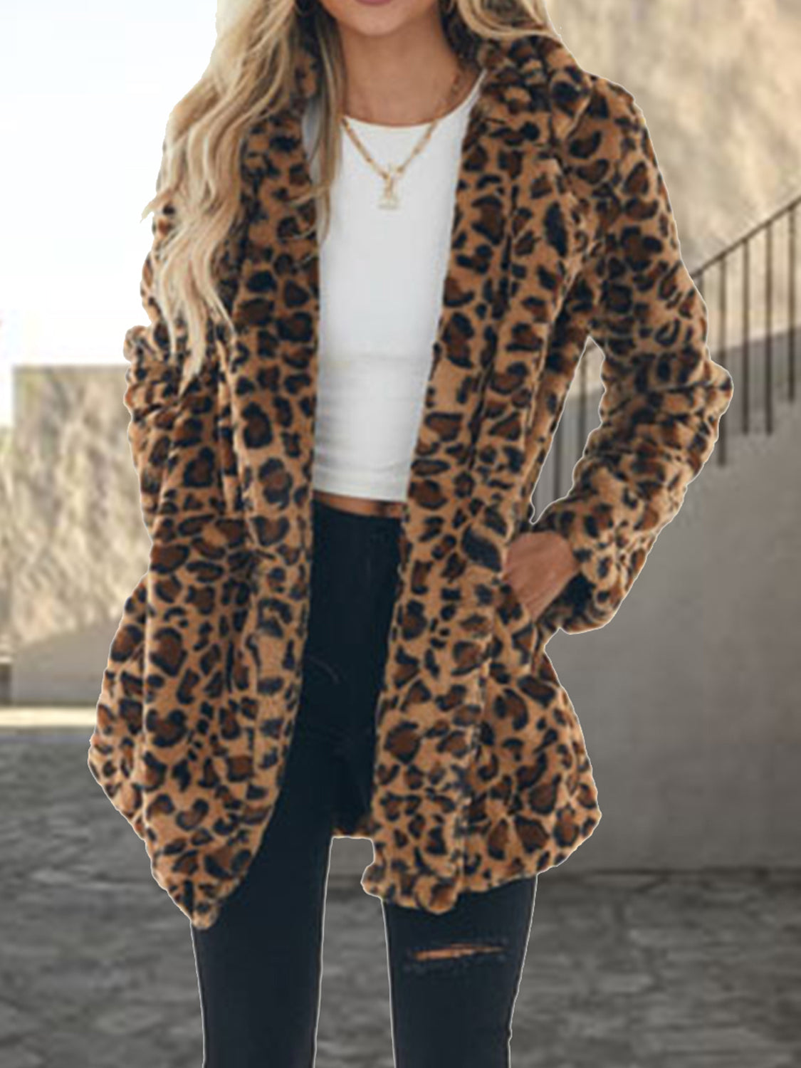 Leopard Collared Neck Coat with Pockets OutfitFlow