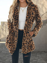 Leopard Collared Neck Coat with Pockets OutfitFlow