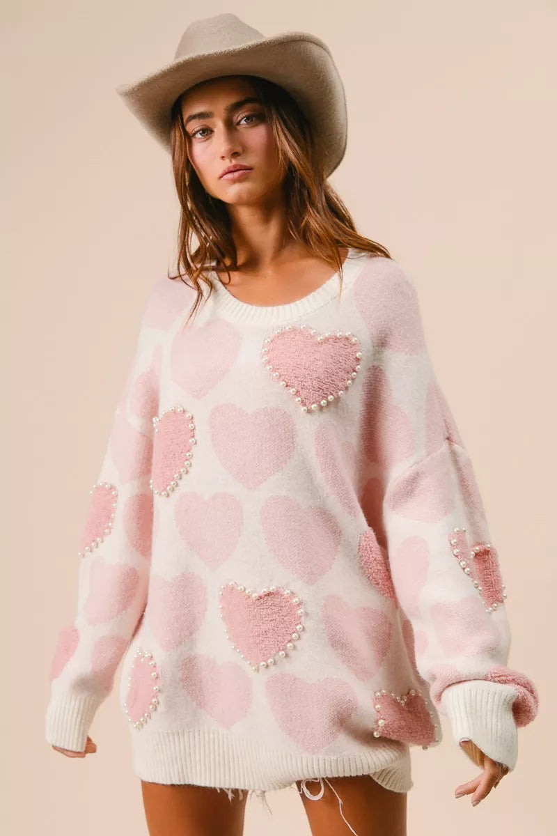 BiBi Heart Pattern Sweater with Pearl Detail OutfitFlow