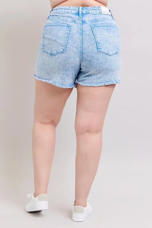Judy Blue Full Size Mid Rise Garment Dyed Denim Shorts Plus Size OutfitFlow