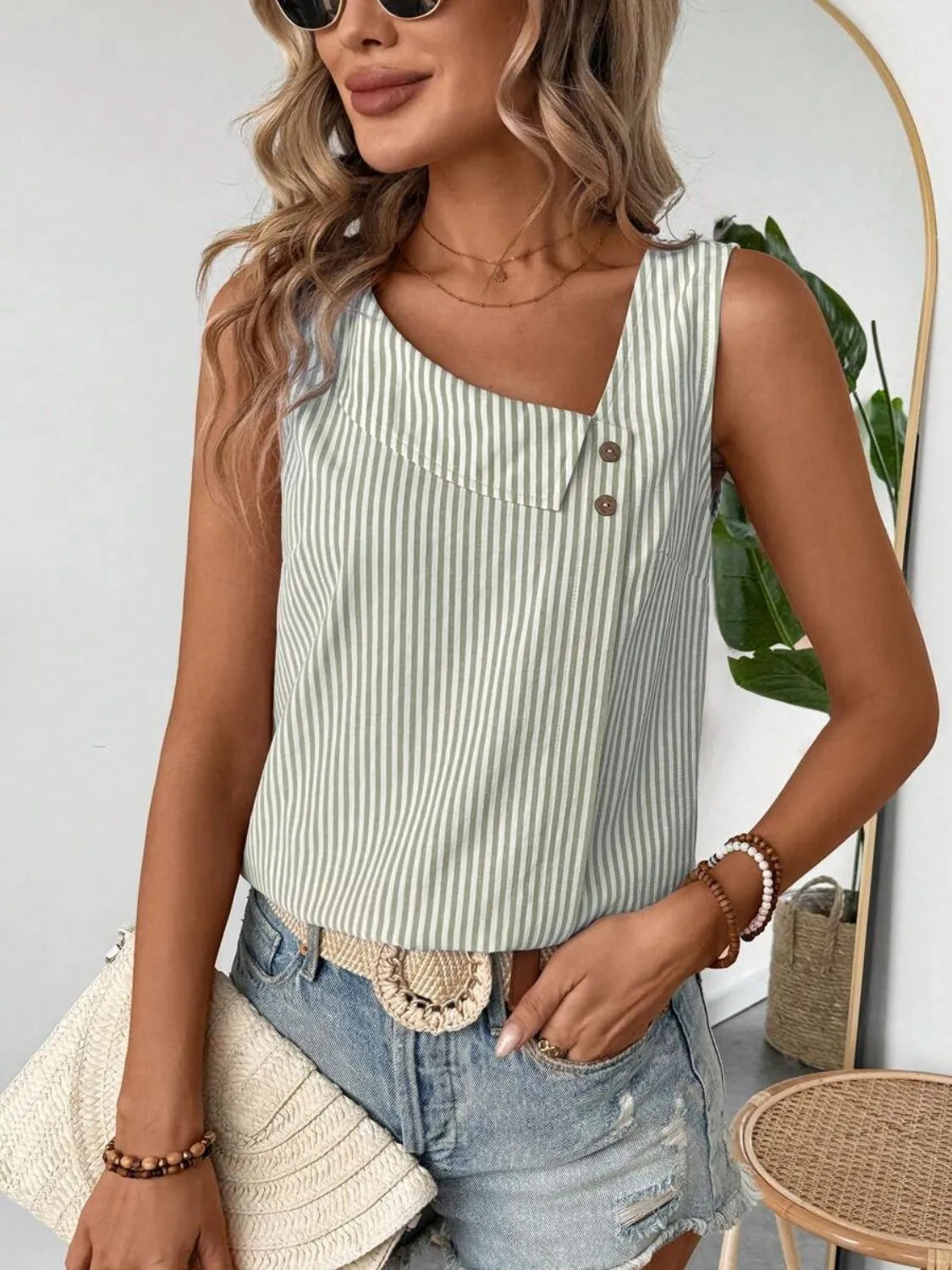 Decorative Button Asymmetrical Striped Tank Sage OutfitFlow